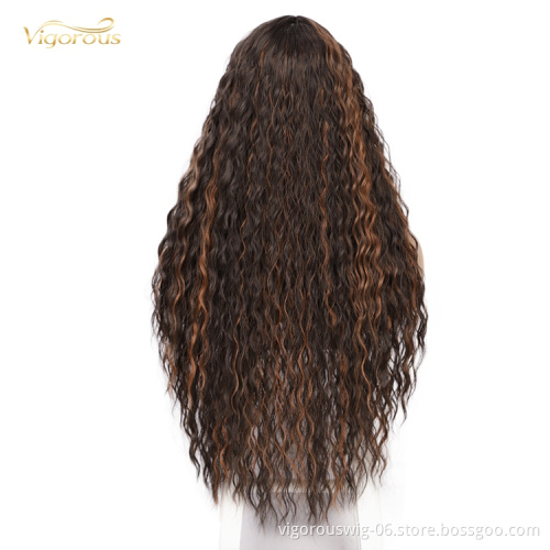 Long Hair Heat Resistant Classic Kinky Curly Mixed Black Brown Synthetic Lace Front Wigs Natural Hairline